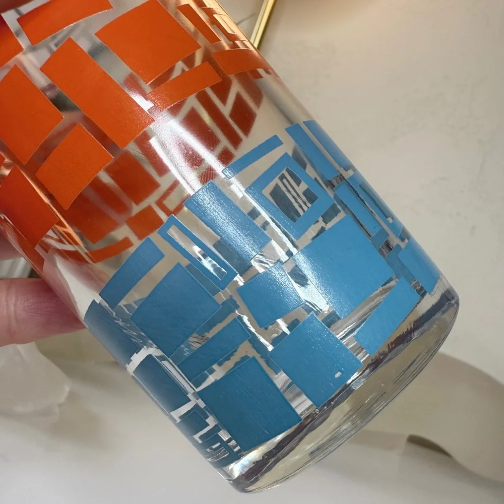 Vintage Mid Century Abstract Shapes Orange Blue White Tumbler Drinking Glass